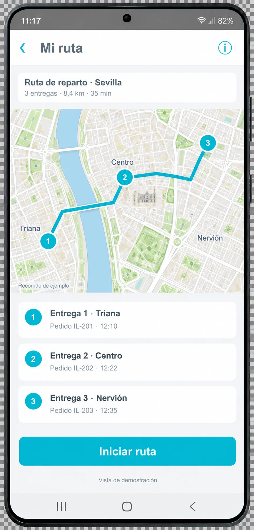 Pantalla de ruta con mapa, tres paradas numeradas y pedidos de entrega