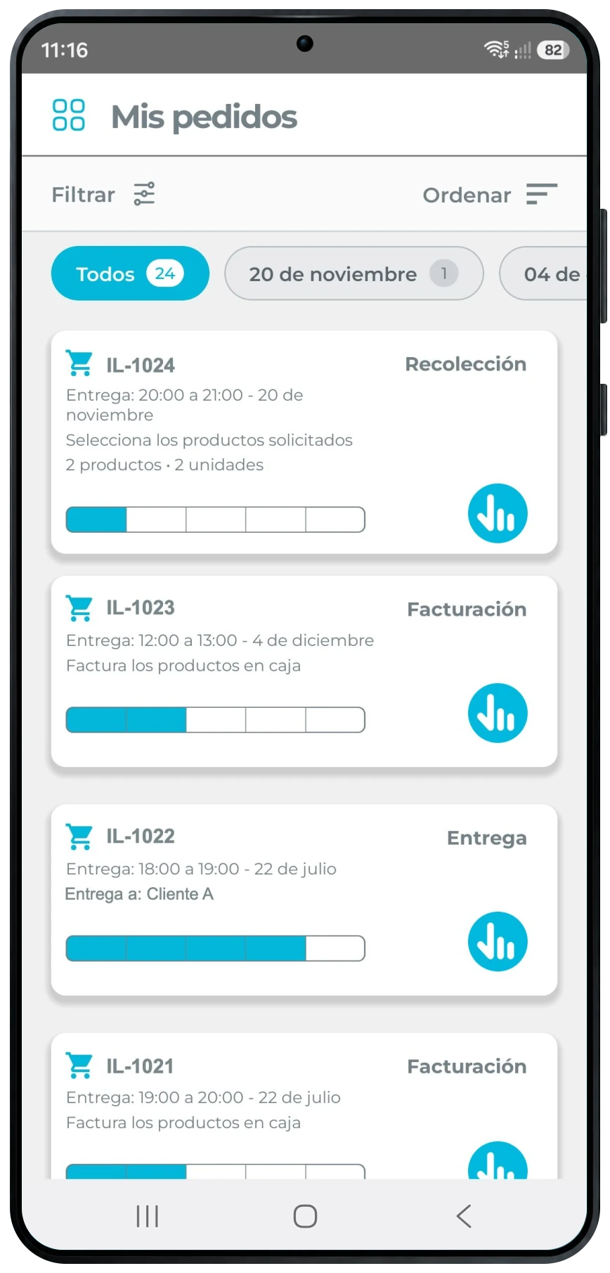 Pedidos asignados en la app Pick & Delivery